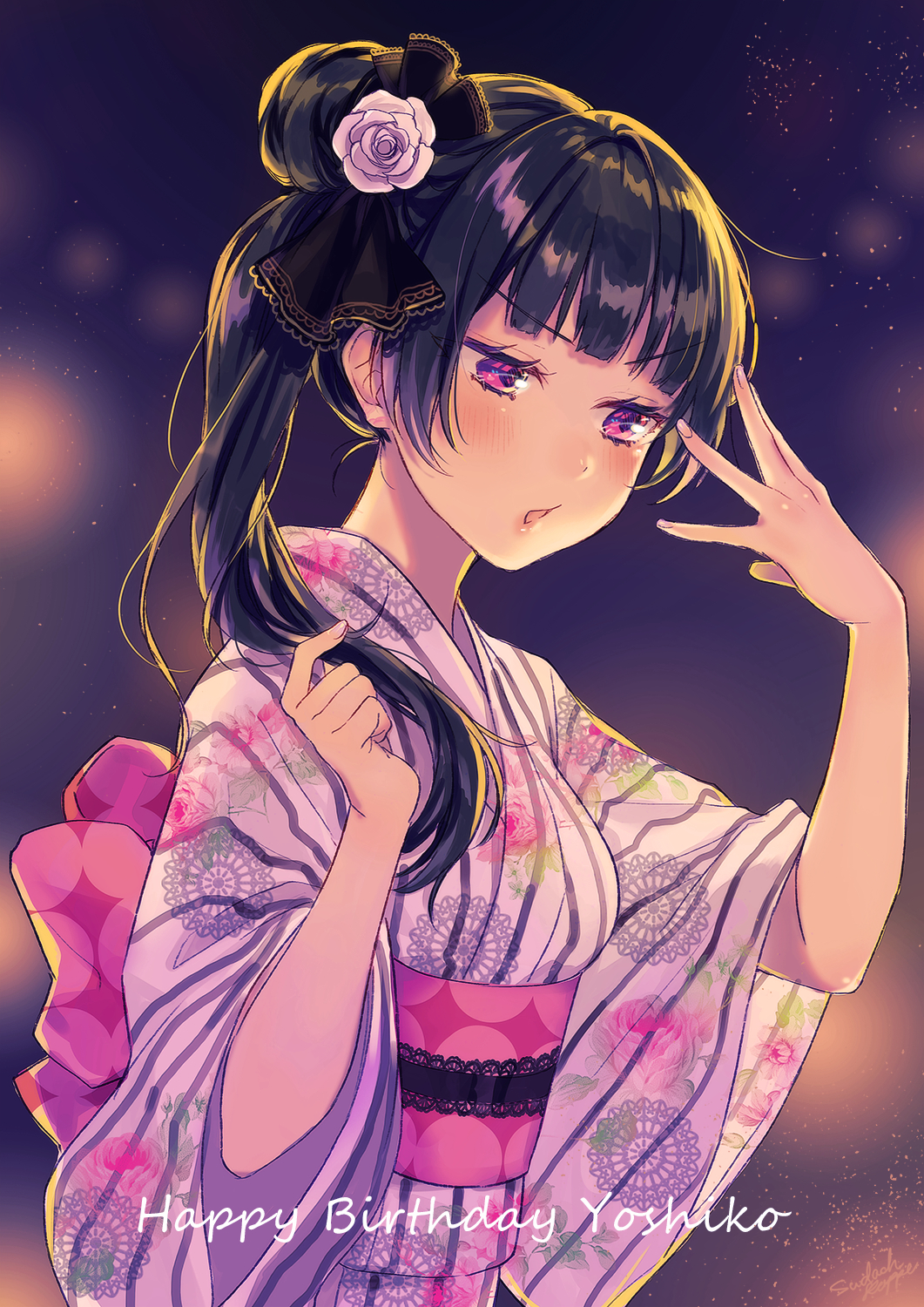 1girl alternate_hairstyle blue_hair blurry blush bokeh character_name clenched_hand depth_of_field floral_print flower gesture hair_bun hair_flower hair_ornament happy_birthday highres japanese_clothes kimono long_hair love_live! love_live!_school_idol_festival love_live!_sunshine!! night obi open_mouth pink_flower pink_kimono playing_with_own_hair purple_eyes sash side_bun side_ponytail single_side_bun solo striped_clothes striped_kimono sudach_koppe tsushima_yoshiko upper_body wide_sleeves