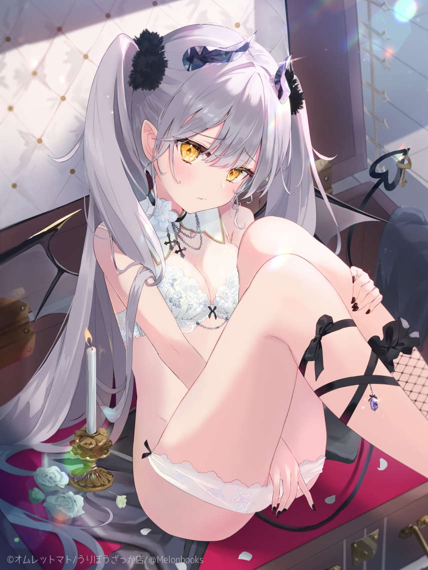 1girl bare_shoulders black_bow black_nails bow bow_bra bra breasts cleavage closed_mouth commentary_request demon_girl demon_horns demon_tail demon_wings feet_out_of_frame fishnet_socks fishnets flower grey_flower grey_hair grey_rose grey_wings hair_between_eyes horns indoors key long_hair nail_polish omelet_tomato original panties panty_pull petals rose single_sock small_breasts socks solo tail tail_raised twintails underwear very_long_hair white_bra white_flower white_panties wings yellow_eyes