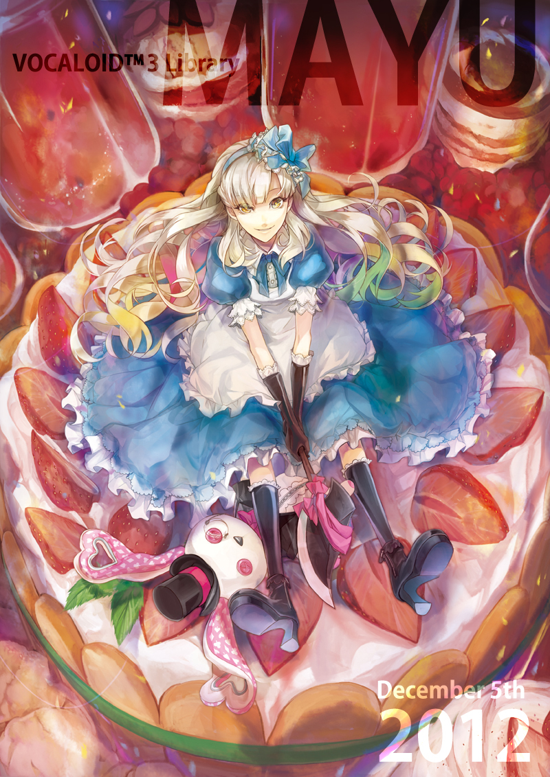 1girl alice_(alice_in_wonderland) alice_(alice_in_wonderland)_(cosplay) alice_in_wonderland apron axe black_gloves black_socks blonde_hair blue_dress bow cake character_name cosplay dress elbow_gloves female_focus food frills fruit gloves grin hair_bow hairband hat in_food kneehighs long_hair mayu_(vocaloid) mini_person minigirl monocle rahwia sitting smile socks solo strawberry stuffed_animal stuffed_rabbit stuffed_toy top_hat usano_mimi vocaloid weapon yellow_eyes