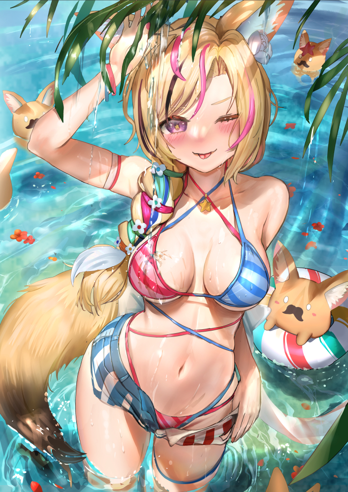 1girl :p animal_ear_fluff arm_up bar_(place) bikini black_hair blonde_hair blue_bikini blush braid breasts cowboy_shot flower fox fox_girl fox_tail from_above hair_flower hair_ornament hair_over_shoulder himonoata hololive long_hair medium_breasts micro_shorts multicolored_hair navel omaru_polka pink_hair purple_eyes shorts solo standing stomach streaked_hair striped_bikini striped_clothes striped_shorts swimsuit tail thigh_strap tongue tongue_out virtual_youtuber wading water white_bikini zain_(omaru_polka)