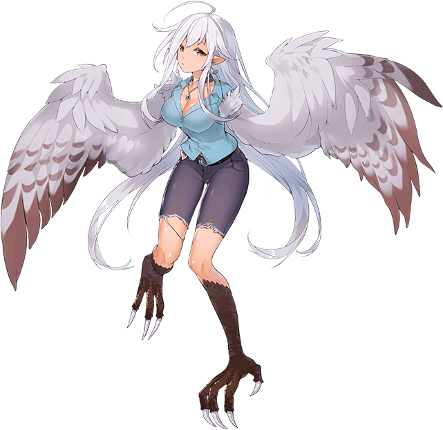 10s cleavage harpy haru_(monster_musume) looking_at_viewer monster_girl monster_musume_no_iru_nichijou monster_musume_no_iru_nichijou_online official_art raptor_(monster_musume) white_hair yellow_eyes