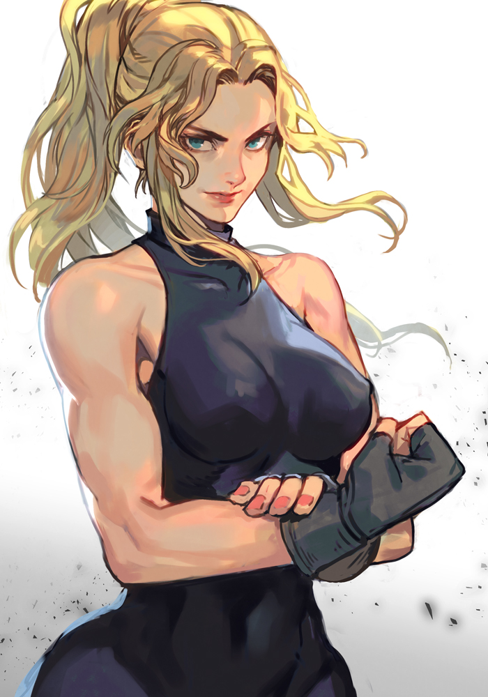 1girl blonde_hair blue_eyes breasts fingerless_gloves gloves long_hair ponytail sarah_bryant sega virtua_fighter