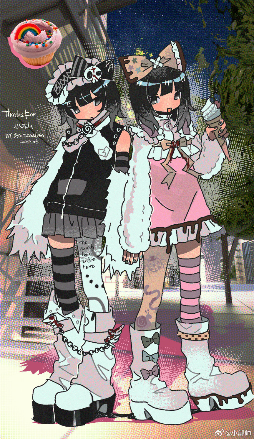 2girls asymmetrical_footwear asymmetrical_legwear belt black_bow black_hair black_hairband black_jacket black_thighhighs blue_bow blue_nails boots bow bow_legwear bowtie brown_bow building chain chinese_commentary chocolate_syrup clothes_writing cloud commentary_request commission commissioner_name cross-laced_hairband crossed_bandaids cupcake dated detached_sleeves dress dripping fluffy food footwear_bell frilled_bow frilled_dress frilled_hairband frills full_body green_bow grey_belt grey_thighhighs hair_bow hair_ornament hairband highres holding holding_food holding_ice_cream holding_ice_cream_cone horizontal-striped_thighhighs ice_cream ice_cream_cone jacket layered_sleeves leg_tattoo lolita_hairband long_hair mismatched_footwear mismatched_legwear multiple_girls nail_polish night night_sky okara_(cacacerulean) original outdoors pantyhose parted_lips photo_inset pink_dress pink_thighhighs purple_bow rainbow scarf shadow shirt short_dress single_detached_sleeve single_leg_pantyhose single_thighhigh skull_hair_ornament sky sleeveless sleeveless_jacket sleeves_past_fingers sleeves_past_wrists spider_web_print sprinkles standing star_(sky) star_(symbol) star_print starry_sky striped_bow striped_clothes striped_sleeves striped_thighhighs tattoo thank_you thighhighs turtleneck turtleneck_shirt two-tone_thighhighs vertical-striped_bow weibo_watermark white_footwear white_pantyhose white_scarf white_shirt yellow_bow yellow_bowtie