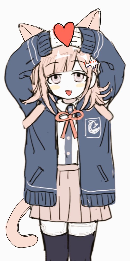 1girl animal_ears bad_id bad_twitter_id black_thighhighs blue_jacket blunt_bangs blush_stickers brown_skirt buttons cat_ears cat_girl cat_tail collared_shirt cowboy_shot crest danganronpa_(series) danganronpa_2:_goodbye_despair dot_nose dress_shirt eyelashes fang galaga hair_ornament hairclip hands_on_own_head heart high-waist_skirt jacket kemonomimi_mode kkonmeo long_sleeves looking_at_viewer medium_hair miniskirt nanami_chiaki neck_ribbon open_clothes open_jacket open_mouth pink_eyes pink_hair pleated_skirt pocket red_ribbon ribbon shirt simple_background skirt smile solo sweater_jacket tail thighhighs white_background white_shirt zettai_ryouiki