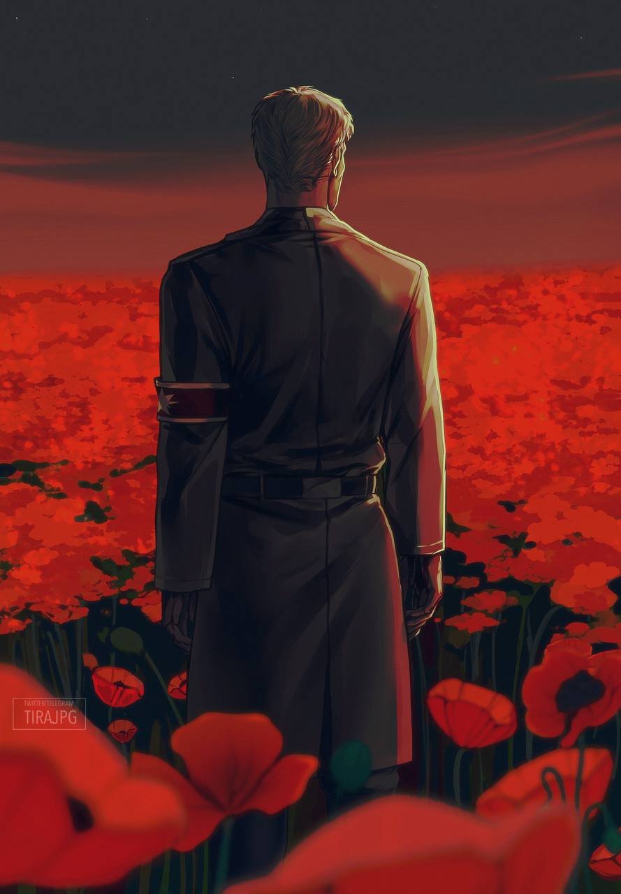 1boy armband black_gloves blonde_hair brown_coat coat commentary feet_out_of_frame field flower flower_field from_behind gloves hashtag-only_commentary highres looking_to_the_side male_focus marley_military_uniform red_armband red_flower red_sky red_theme reiner_braun shingeki_no_kyojin sky solo tirajpg trench_coat twitter_username