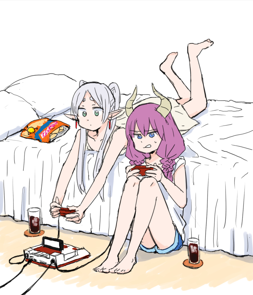 2girls aura_(sousou_no_frieren) bag_of_chips blue_eyes blue_shorts braid chips_(food) clenched_teeth cola commentary controller demon_girl demon_horns elf famicom food frieren game_console game_controller green_eyes holding holding_controller holding_game_controller horns knees_up lying multiple_braids multiple_girls mutsu_(layergreen) on_bed on_stomach pillow playing_games pointy_ears potato_chips purple_hair quad_braids shirt shorts sitting sketch sousou_no_frieren sweatdrop teeth thick_eyebrows twintails white_hair white_shirt