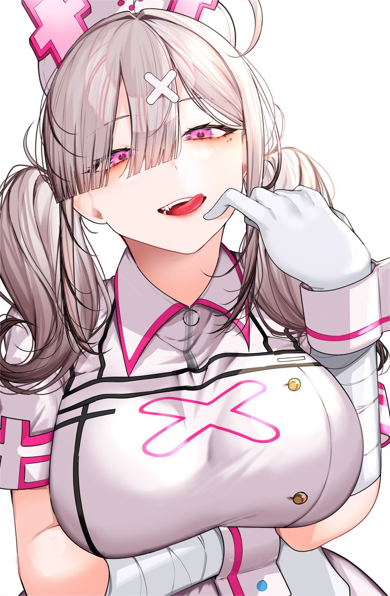 1girl :q ahoge apron bandaged_arm bandages blush breasts eyes_visible_through_hair gloves gomo grey_hair hair_ornament hair_over_one_eye hat large_breasts licking_lips long_hair looking_at_viewer mole mole_under_eye naughty_face nijisanji nurse nurse_cap open_mouth purple_eyes sharp_teeth solo sukoya_kana sukoya_kana_(1st_costume) teeth tongue tongue_out twintails virtual_youtuber white_apron white_wrist_cuffs wrist_cuffs x_hair_ornament