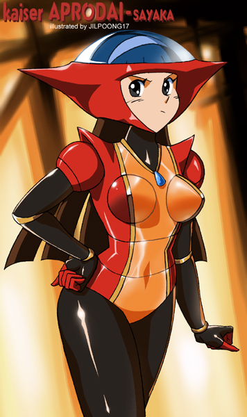 1girl aphrodai_a aphrodite_a brown_hair cosplay female_focus hand_on_own_hip jilpoong17 kaiser_aphrodai mazinger_(series) mazinger_z mazinkaiser mecha pout robot solo super_robot yumi_sayaka