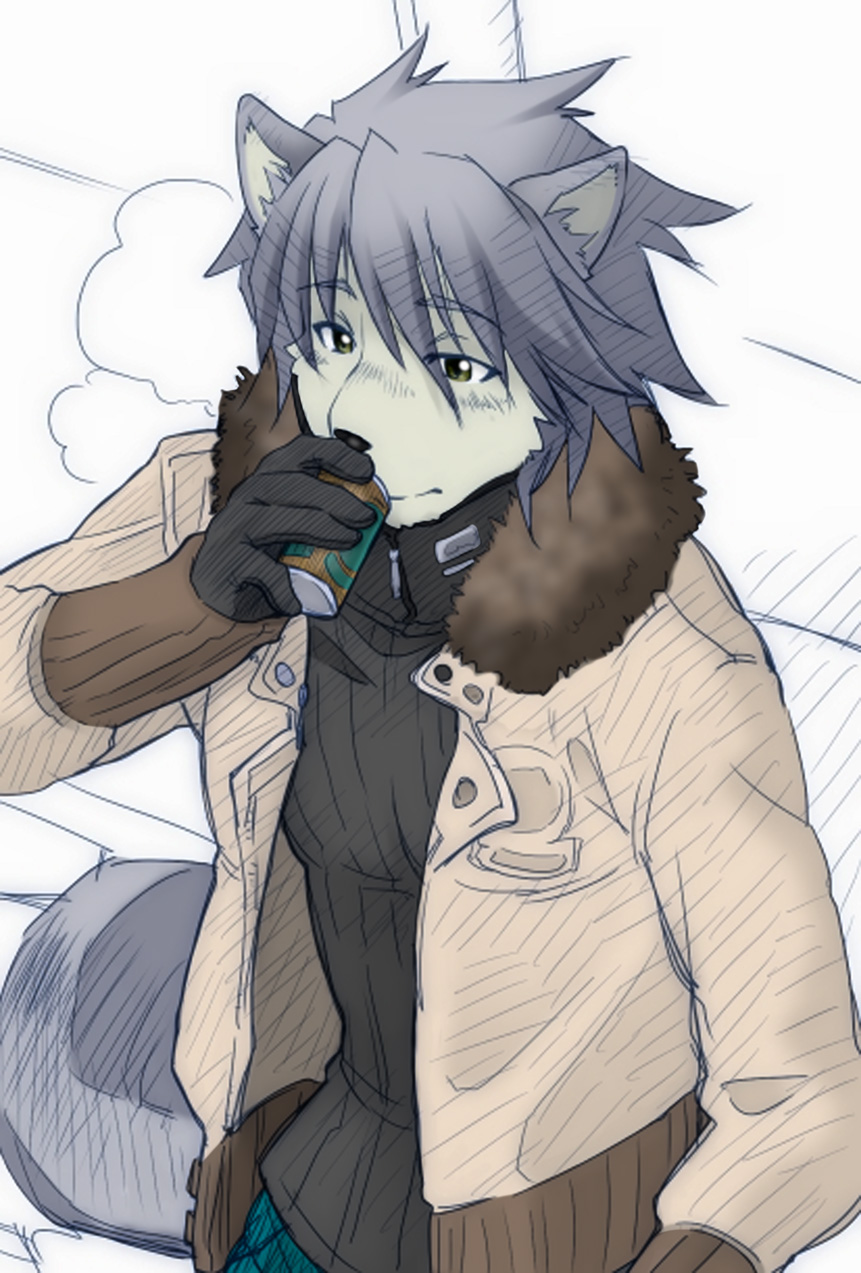 1boy animal_ear_fluff animal_ears black_gloves black_shirt brown_jacket can commentary dog_boy dog_ears dog_nose dog_tail drinking english_commentary fur-trimmed_jacket fur_trim furry furry_male gloves green_pants grey_fur grey_hair highres holding holding_can huguribl jacket kouya_aotsuki looking_to_the_side male_focus morenatsu pants rtlstien shirt steam tail third-party_edit white_background