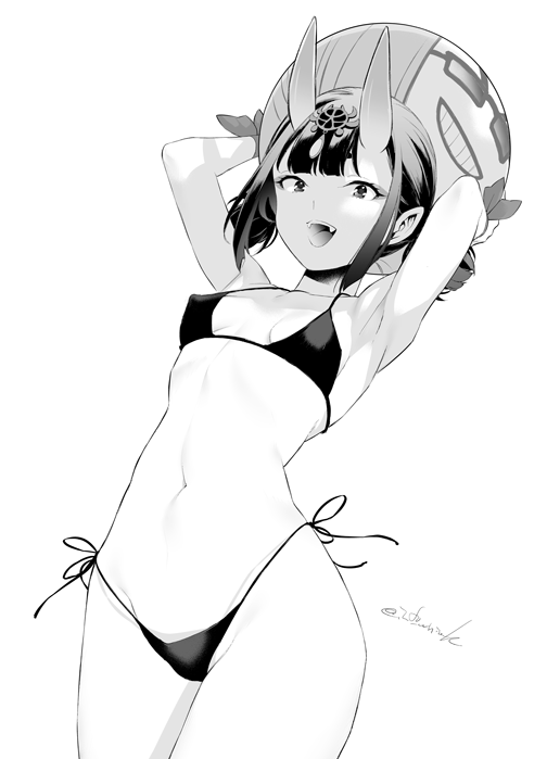 1girl armpits ball beachball bikini bob_cut breasts commentary_request covered_erect_nipples cowboy_shot eyeliner fangs fate/grand_order fate_(series) grey_hair headpiece highleg highleg_bikini holding holding_ball holding_beachball horns makeup navel objectification open_mouth petite sakata_kintoki_(fate) shiromako shuten_douji_(fate) side-tie_bikini_bottom signature skin-covered_horns small_breasts smile solo swimsuit