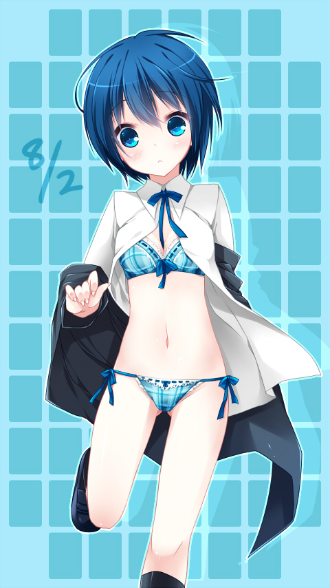 1girl atlus blue_eyes blue_hair blush bra female_focus lingerie matching_hair/eyes panties persona persona_4 ribbon sagami_rin shirogane_naoto short_hair solo underwear undressing