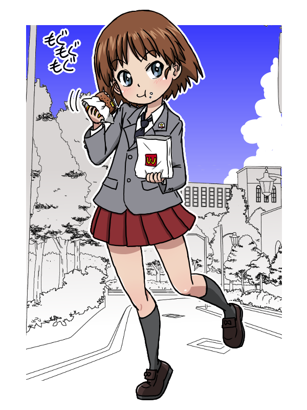 1girl alternate_costume bag black_necktie black_shoes blazer blue_eyes blue_sky brown_hair building burger collared_shirt eating fast_food food french_fries girls_und_panzer grey_jacket grey_socks holding holding_bag holding_burger holding_food jacket kneehighs miniskirt necktie outdoors pleated_skirt red_skirt sakaguchi_karina saunders_school_uniform school school_uniform shirt short_hair skirt sky socks standing takahashi_kurage white_shirt