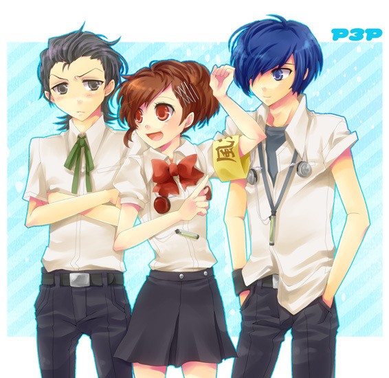 1girl 2boys armband atlus bad_id bad_pixiv_id blue_hair blush bow brown_hair digital_media_player grey_eyes grey_hair hair_over_one_eye headphones multiple_boys odagiri_hidetoshi persona persona_3 persona_3_portable red_eyes ribbon school_uniform shiomi_kotone shooting428star smile yuuki_makoto_(persona_3)