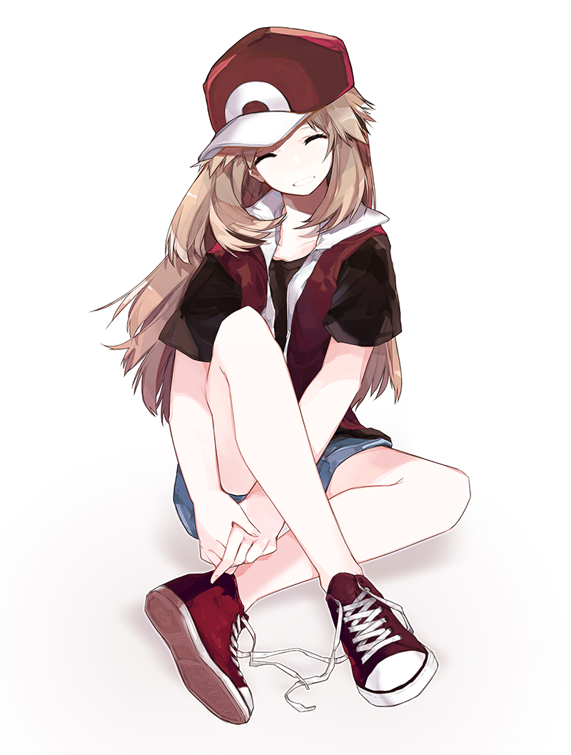 1girl bad_id bad_pixiv_id baseball_cap brown_hair closed_eyes commentary cosplay creatures_(company) crossed_legs english_commentary eyelashes fingernails full_body game_freak hat jacket leaf_(pokemon) lillin long_hair nintendo own_hands_together pokemon pokemon_frlg red_(pokemon) red_(pokemon)_(cosplay) shoes short_sleeves shorts simple_background smile solo white_background