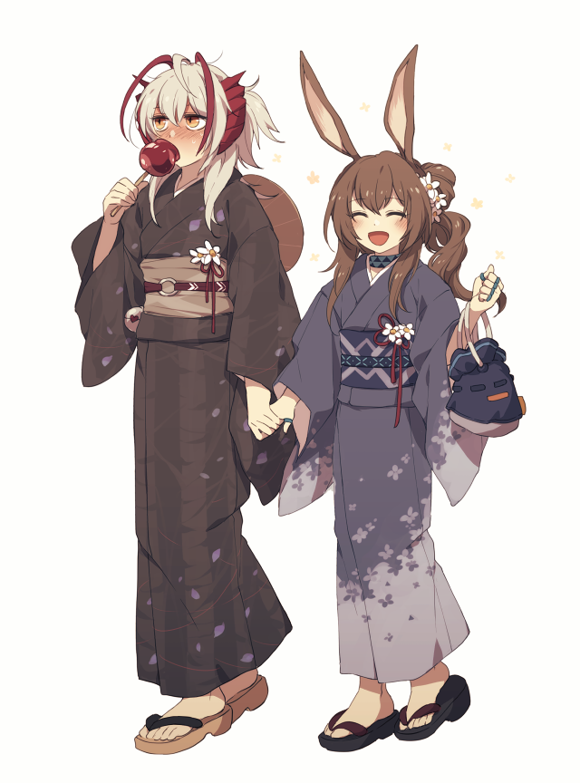 2girls alternate_hairstyle amiya_(arknights) animal_ears antenna_hair arknights black_kimono blue_kimono blush candy_apple closed_eyes commentary demon_horns embarrassed food hair_up holding holding_hands horns howling infection_monitor_(arknights) japanese_clothes kimono lari_lab looking_to_the_side multiple_girls ponytail rabbit_ears red_hair sandals simple_background symbol-only_commentary w_(arknights) wavy_hair white_background white_hair yellow_eyes yuri zouri