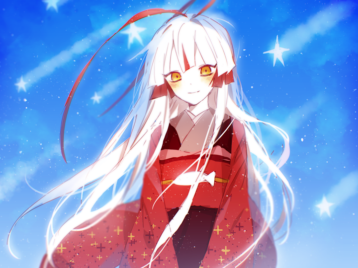 1girl alternate_hair_length alternate_hairstyle blush colored_skin female_focus funamusea io_(sinking=carousel) japanese_clothes kimono long_hair multicolored_hair obi oounabara_to_wadanohara red_hair sash smile solo streaked_hair tatsumiya tatsumiya_(funamusea) white_hair white_skin yellow_eyes