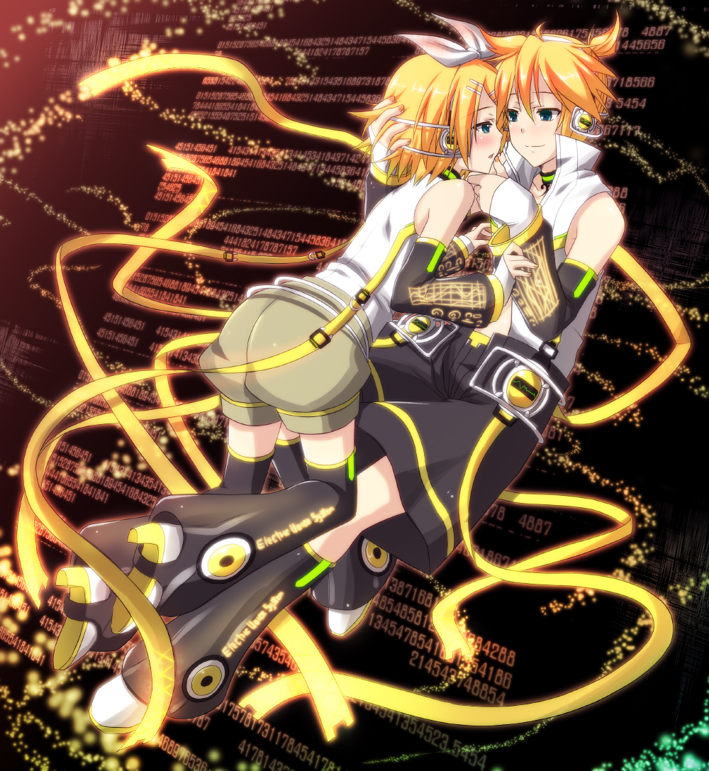 1boy 1girl aqua_eyes arm_warmers bad_id bad_pixiv_id blonde_hair blush brother_and_sister detached_sleeves hair_ornament hair_ribbon hairclip headphones kagamine_len kagamine_len_(append) kagamine_rin kagamine_rin_(append) mitsuki ribbon short_hair shorts siblings smile twins vocaloid vocaloid_append yano_mitsuki_(nanairo)