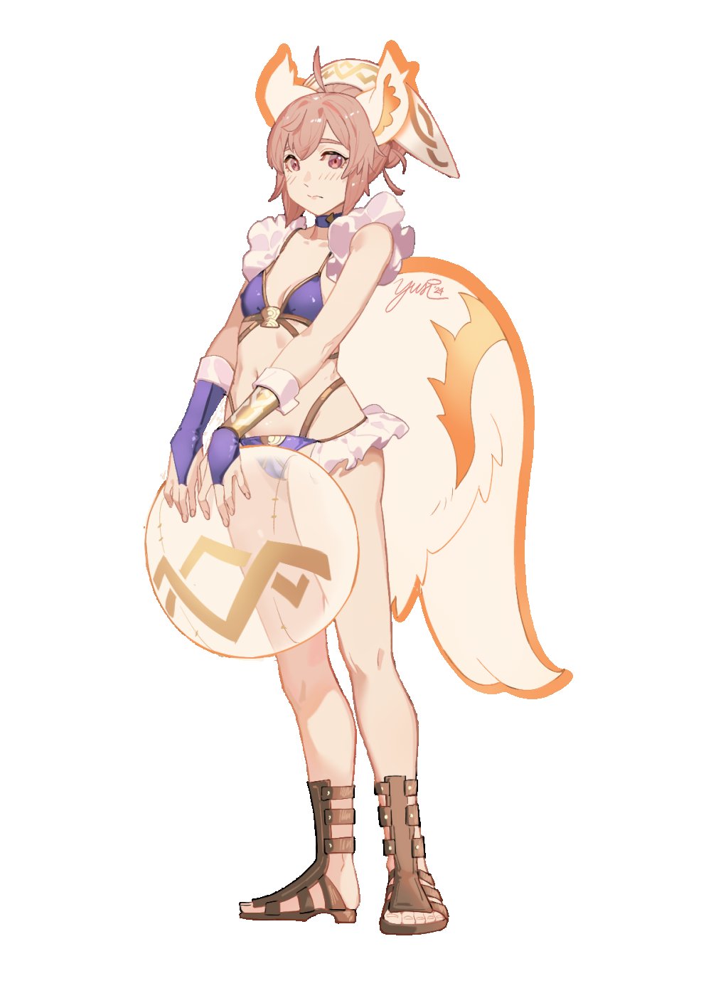 1girl alternate_costume animal_ears ball beachball bikini blue_bikini brown_hair cowlick fire_emblem fire_emblem_heroes glowing_ears glowing_tail highres nintendo ratatoskr_(fire_emblem) squirrel_ears squirrel_girl squirrel_tail swimsuit tail yusi_vishnu