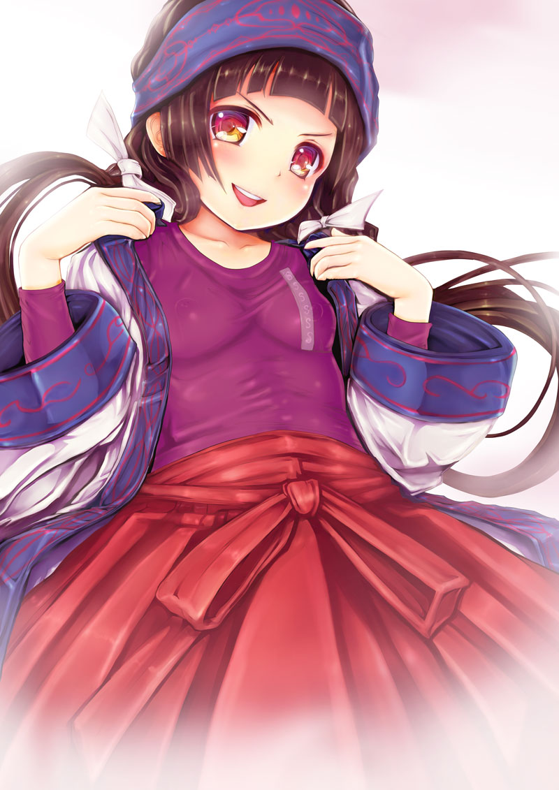 10s 1girl amayadori_machi black_hair blush breasts brown_eyes brown_hair covered_erect_nipples female_focus hakama hakama_skirt headband japanese_clothes kumamiko long_hair looking_at_viewer miko open_mouth red_eyes red_hakama skirt small_breasts smile solo teruru twintails