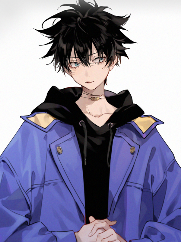 1boy black_hoodie blonde_hair blue_eyes blue_jacket closed_mouth collarbone eyokiki fushiguro_megumi hair_between_eyes hood hood_down hoodie jacket jujutsu_kaisen long_sleeves looking_to_the_side male_focus open_clothes open_jacket own_hands_together simple_background