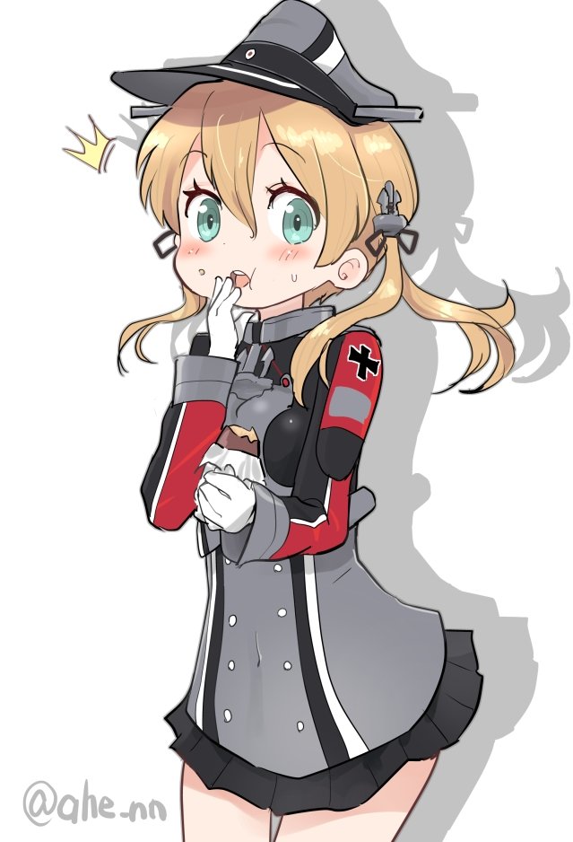 1girl ahenn aqua_eyes black_skirt blonde_hair blush cowboy_shot food gloves grey_hat hair_between_eyes hat holding holding_food kantai_collection long_hair long_sleeves low_twintails military_uniform miniskirt open_mouth peaked_cap pleated_skirt prinz_eugen_(kancolle) simple_background skirt solo sweet_potato twintails twitter_username white_background white_gloves