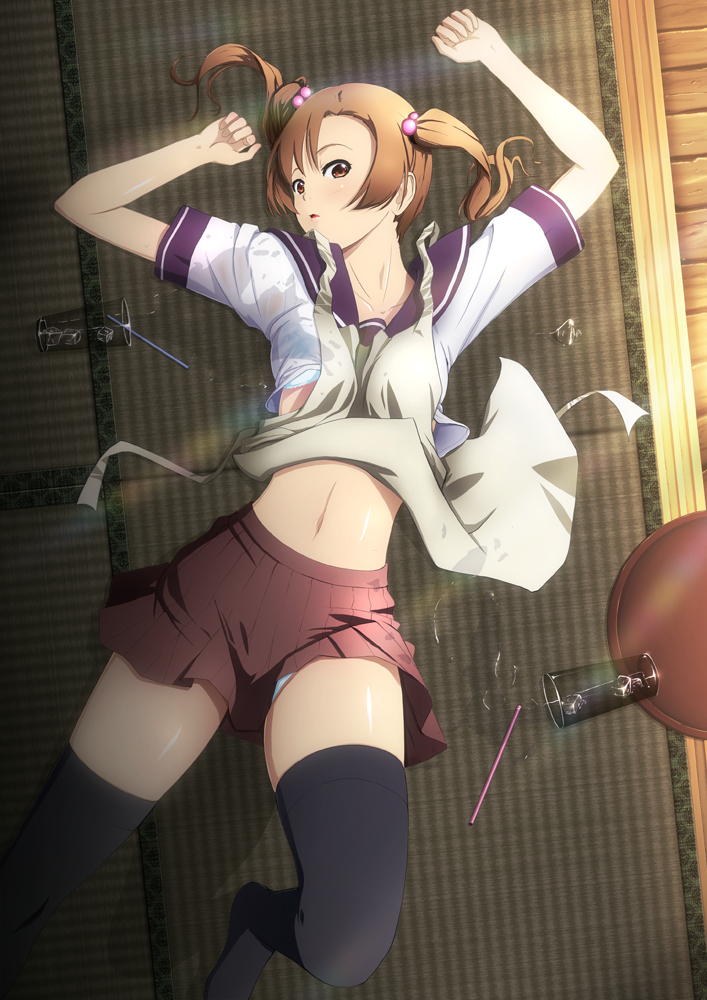 1girl apron bad_id bad_pixiv_id black_thighhighs blush bra brown_eyes brown_hair clothes_lift drinking_straw female_focus glass hair_bobbles hair_ornament halcyon ice lingerie looking_at_viewer lying midriff navel original panties pantyshot parted_lips school_uniform serafuku shirt_lift short_twintails skirt solo tatami thighhighs tray twintails underwear upskirt water wet zettai_ryouiki