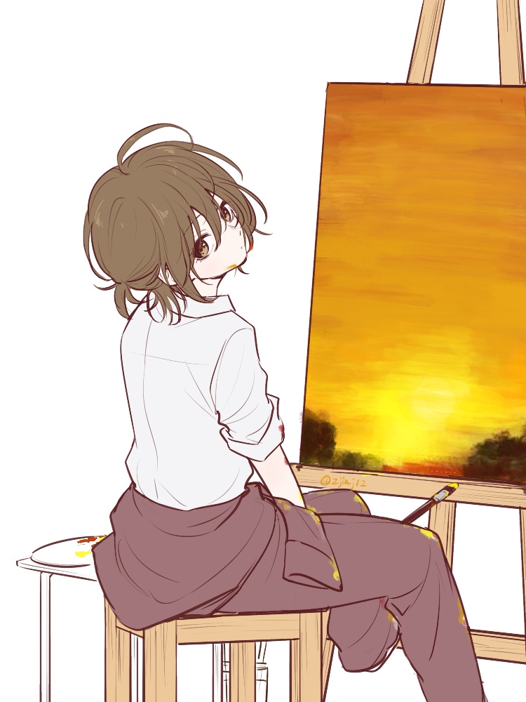 1girl brown_eyes brown_hair commentary_request easel from_behind hariikei holding holding_paintbrush jumpsuit jumpsuit_around_waist looking_back low_ponytail meiko_(vocaloid) paint_on_clothes paintbrush painting_(object) palette_(object) ponytail sitting sleeves_rolled_up solo stool vocaloid