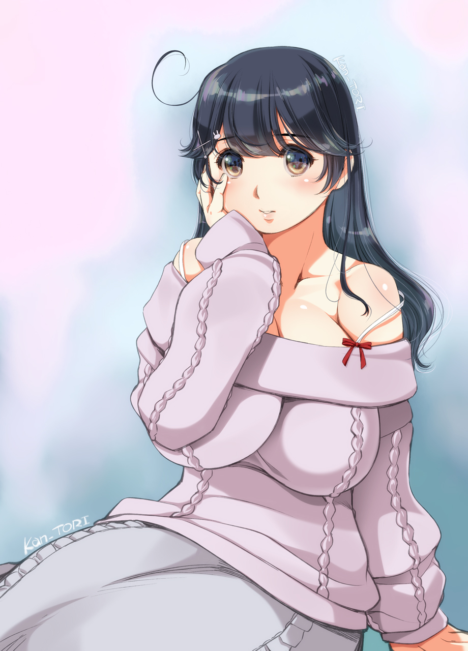 1girl aran_sweater artist_name bare_shoulders black_hair breasts brown_eyes cable_knit cleavage collarbone hair_ornament hairclip hand_on_own_face highres huge_breasts kantai_collection kantori lips long_hair looking_at_viewer lying on_side parted_lips signature solo sweater thighs ushio_(kancolle) valentine