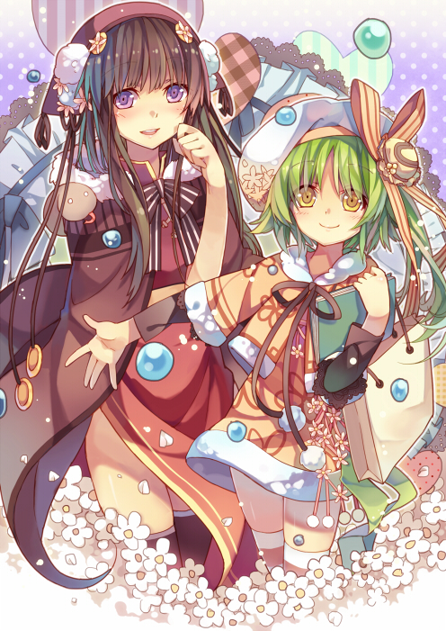 2girls bag black_hair blush dress flower green_hair hair_ornament handbag hat jewelry long_hair multiple_girls open_mouth original purple_eyes smile thighhighs yayin_(yayin233) yellow_eyes