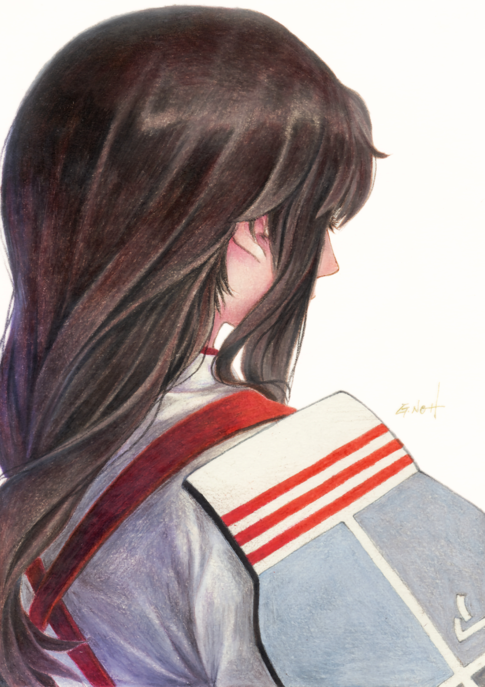 1girl akagi_(kancolle) back commentary eyelashes highres japanese_clothes kantai_collection long_hair millipen_(medium) signature simple_background solo tasuki tesun_(g_noh) traditional_media upper_body watercolor_pencil_(medium) white_background