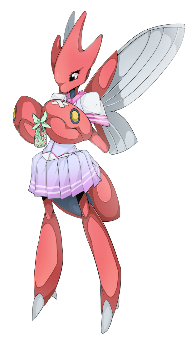 1girl bad_deviantart_id bad_id bandaid brown_eyes claws clothed_pokemon creatures_(company) female_focus game_freak gen_2_pokemon gift nintendo no_humans pleated_skirt pokemon pokemon_(creature) school_uniform scizor serafuku skirt slugbox solo wings