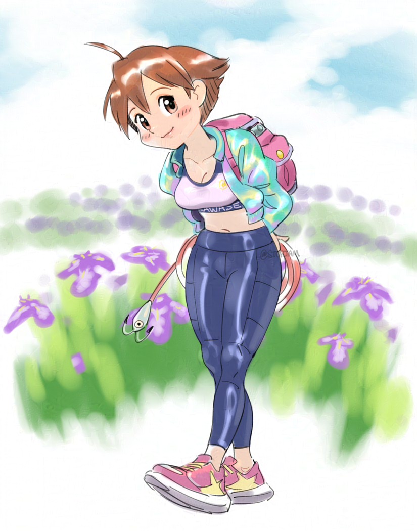 1girl backpack bag brown_eyes brown_hair crop_top fishing fishing_hook fishing_line fishing_lure lure pink_bag stup-jam tomboy umihara_kawase umihara_kawase_(character)