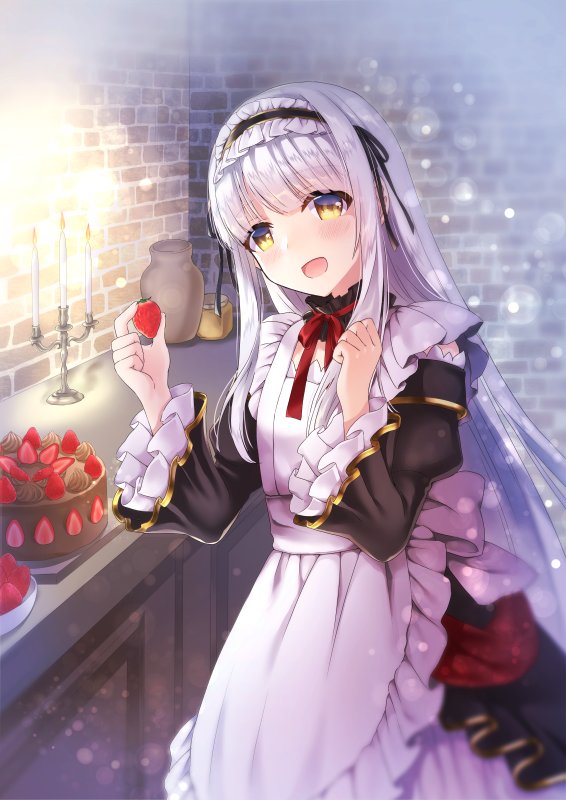 1girl :d black_ribbon blush brown_eyes cake candle candlestand food fruit hand_up hi-na1 holding holding_food holding_fruit indoors lily_(sennen_sensou_aigis) long_hair looking_at_viewer maid open_mouth pot ribbon sennen_sensou_aigis sidelocks smile solo standing strawberry very_long_hair