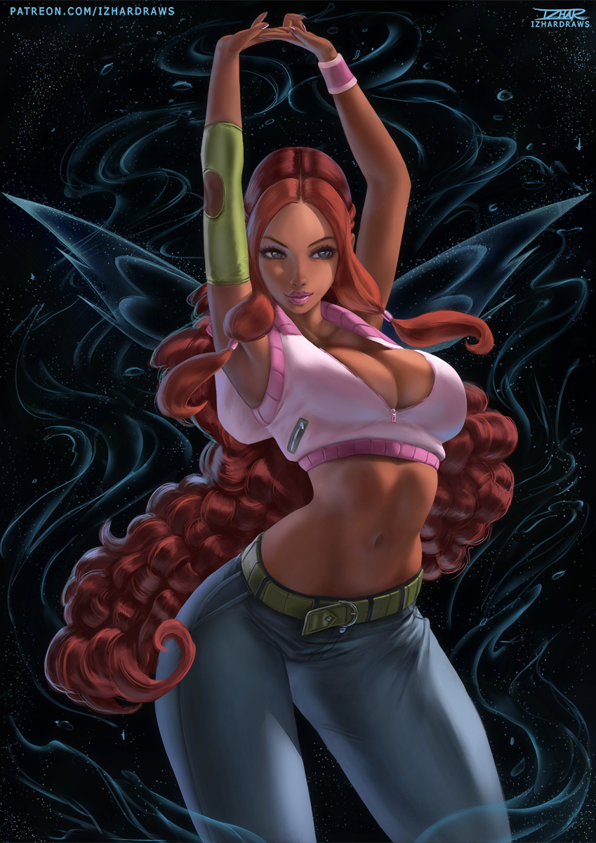 1girl aisha_(winx_club) arms_up belt blue_pants breasts cleavage commentary commission cropped_jacket curly_hair dark-skinned_female dark_skin denim english_commentary fairy fairy_wings green_belt highres hood hooded_jacket izhardraws jacket jeans large_breasts lips long_hair looking_at_viewer midriff navel paid_reward_available pants pink_jacket red_hair solo stretching very_dark_skin very_long_hair wings winx_club y2k_fashion zipper