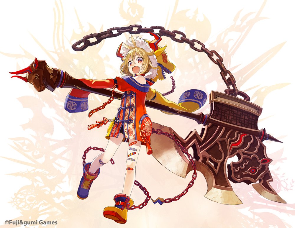 1girl ahoge axe bandaid bandaid_on_leg blonde_hair blue_footwear chain clothing_cutout commentary_request fake_horns fang full_body holding holding_axe hood hood_up horns huge_weapon jacket looking_at_viewer multicolored_clothes multicolored_jacket official_art orange_jacket phantom_of_the_kill second-party_source shoulder_cutout shu_(phantom_of_the_kill) sleeves_past_fingers sleeves_past_wrists solo two-tone_jacket watarubou weapon yellow_footwear yellow_hood yellow_jacket