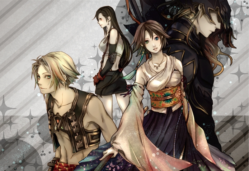 00s 1990s_(style) 2boys 2girls armor ayajik bad_id bad_pixiv_id bare_shoulders blue_eyes brown_eyes brown_hair cain_highwind collarbone detached_sleeves dissidia_012_final_fantasy dissidia_final_fantasy final_fantasy final_fantasy_iv final_fantasy_vii final_fantasy_x final_fantasy_xii fingerless_gloves gloves green_eyes hakama hakama_skirt helmet heterochromia japanese_clothes kimono multiple_boys multiple_girls retro_artstyle skirt tifa_lockhart vaan_(ff12) yuna yuna_(ff10)