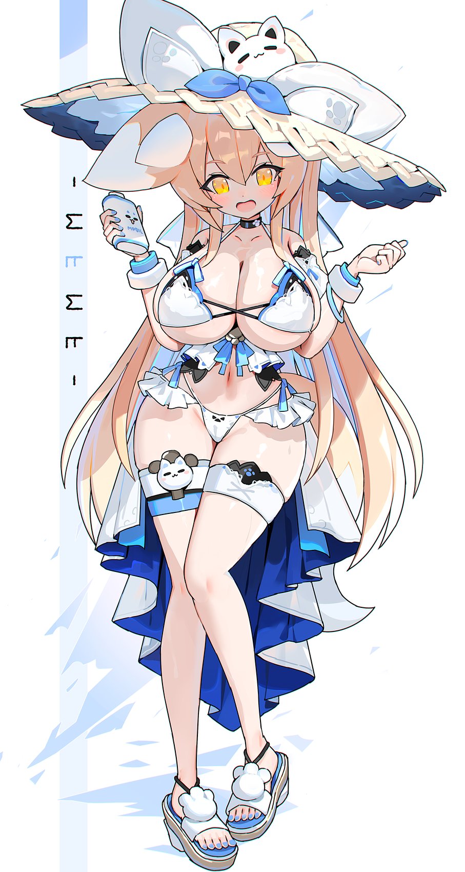 1girl animal_ear_fluff animal_ears bikini blonde_hair blue_nails breasts double-parted_bangs fox_ears fox_girl fox_tail full_body hair_between_eyes hands_up hat highres holding large_breasts light_blush long_hair looking_at_viewer lotion mamuru nail_polish open_mouth original sandals smile solo standing sun_hat sunscreen swimsuit tail thigh_strap toenail_polish toenails very_long_hair white_background white_bikini yellow_eyes