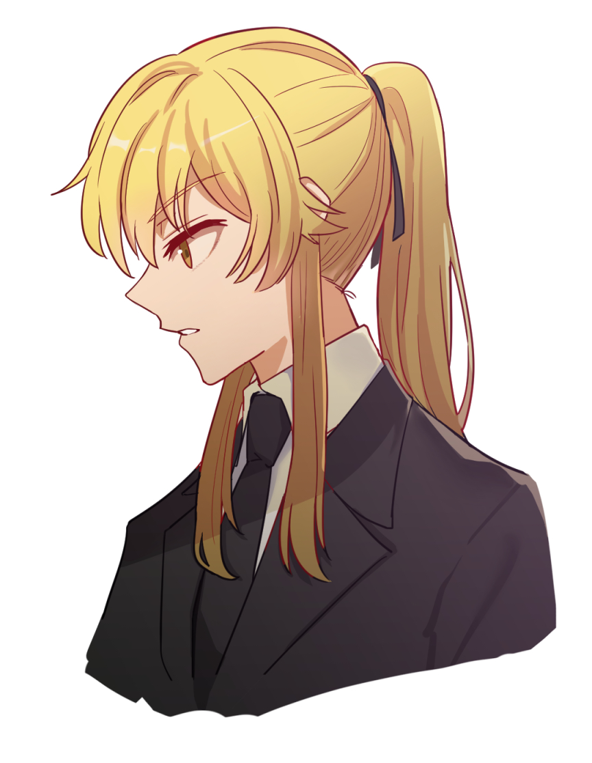 1girl blonde_hair cropped_torso formal_clothes hair_ribbon kakegurui long_hair looking_to_the_side necktie ribbon saotome_mary simple_background solo suit twintails upper_body uranium_(a3uki) white_background yellow_eyes