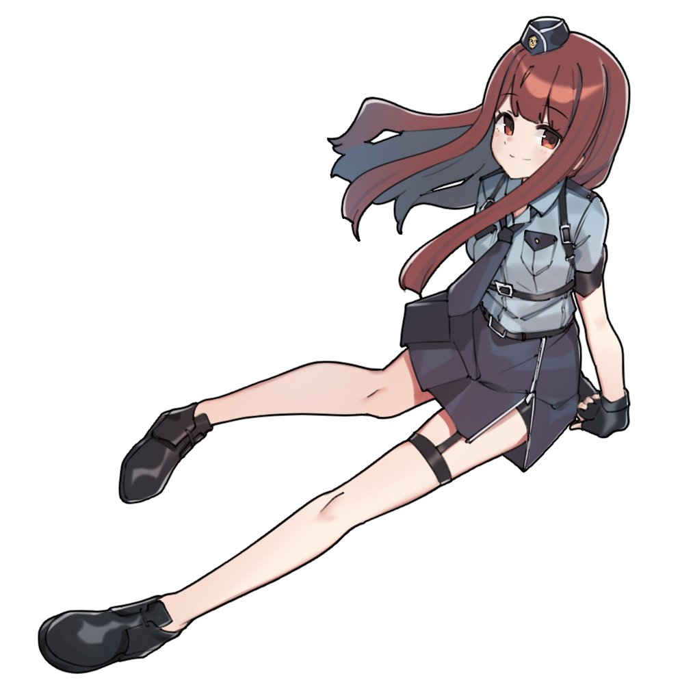 1girl aa211108 armband arms_behind_back belt belt_buckle bike_shorts black_armband black_belt black_footwear black_gloves blue_necktie blue_shirt blue_skirt blunt_bangs blush breast_pocket breasts buckle chest_harness closed_mouth collared_shirt concept_police_(idolmaster) dot_nose dutch_angle fingerless_gloves full_body garrison_cap garter_straps gloves harness hat idolmaster idolmaster_million_live! idolmaster_million_live!_theater_days interlocked_fingers long_hair looking_at_viewer loose_necktie necktie official_alternate_costume pocket police police_uniform policewoman red_eyes red_hair shirt short_sleeves shoulder_boards side_slit sidelocks simple_background skirt small_breasts solo tanaka_kotoha thigh_strap tilted_headwear white_background