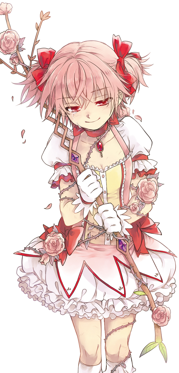 10s 1girl bad_id bad_pixiv_id bow bubble_skirt choker dandalian female_focus flower frilled_skirt frills gloves hair_bow highres kaname_madoka kaname_madoka_(magical_girl) long_image magical_girl mahou_shoujo_madoka_magica mahou_shoujo_madoka_magica_(anime) pink_flower pink_hair pink_rose red_eyes rose short_hair skirt smile solo staff tall_image tears white_background white_gloves