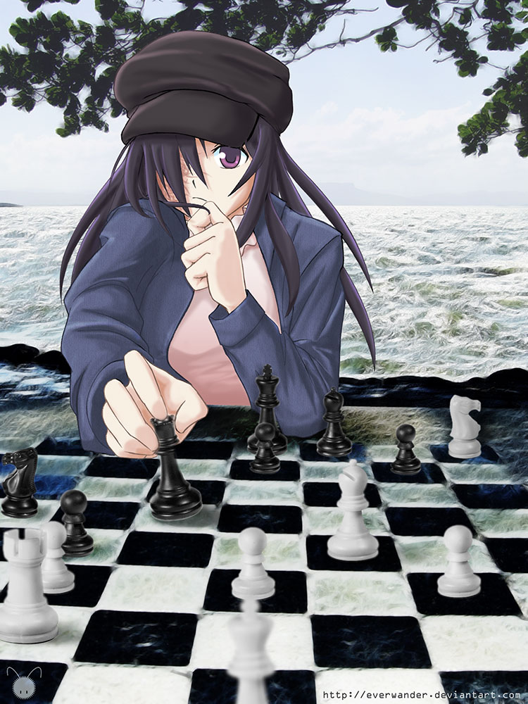 10s 1girl alternate_costume board_game cabbie_hat casual chess chess_piece chessboard everwander female_focus hair_over_one_eye hat ikezawa_hanako katawa_shoujo long_hair looking_at_viewer playing_games pov_across_table purple_eyes purple_hair scar solo watermark web_address