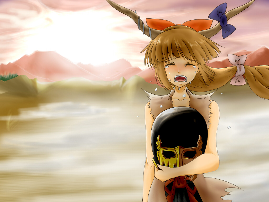 1girl bow brown_hair crying dress closed_eyes female_focus hair_bow hokuto_no_ken holding horn_ornament horn_ribbon horns ibuki_suika jagi landscape light_rays long_hair mask oni open_mouth ribbon shirome_(saitouyorozu) sleeveless solo sunlight tears torn_clothes torn_sleeves touhou upper_body