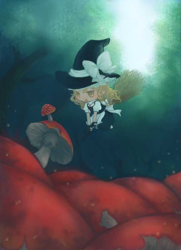 artist_collaboration broom broom_riding forest_of_magic kirisame_marisa meishou_mitei_(mimitei) mushroom touhou