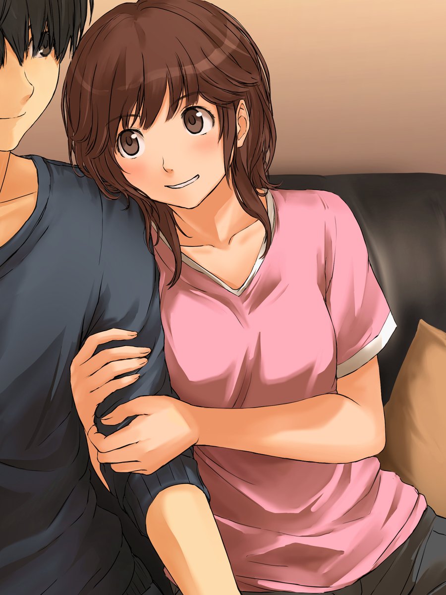 1boy 1girl amagami arm_hug blue_skirt blush brown_eyes brown_hair clenched_teeth collarbone commentary couch highres indoors looking_at_another medium_hair on_couch pink_shirt sakurai_rihoko shirt sitting skirt solo_focus t-shirt takenoko_saba_otto teeth