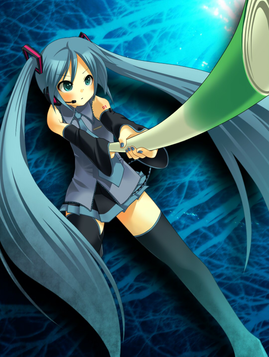 1girl aqua_eyes aqua_hair blue_nails detached_sleeves female_focus hatsune_miku headset long_hair nail_polish necktie nohko skirt solo spring_onion thighhighs twintails vocaloid zettai_ryouiki