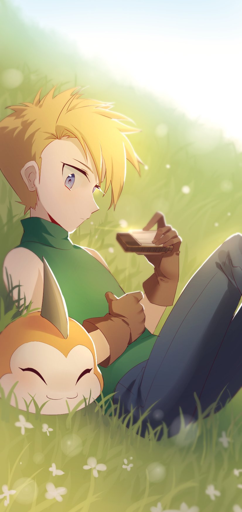 1boy :3 backlighting bad_id bad_tumblr_id blonde_hair blue_eyes blue_pants brown_gloves closed_eyes closed_mouth creature day digimon digimon_(creature) digimon_adventure expressionless flower gloves grass green_shirt harmonica highres holding holding_instrument instrument ishida_yamato looking_at_viewer male_focus maro_(lij512) outdoors pants shirt sitting sleeveless sleeveless_shirt tunomon turtleneck