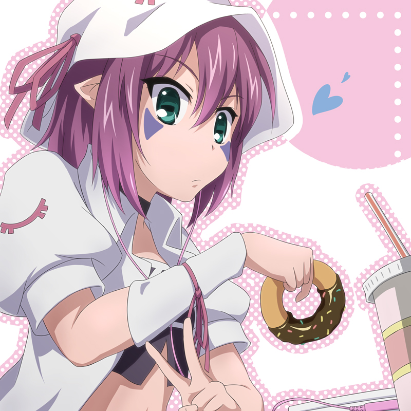 1girl choker donut facial_mark female_focus food green_eyes hat heart merry_nightmare midriff onsen_(riai) pointy_ears purple_hair riai_(onsen) ribbon short_hair solo v yumekui_merry