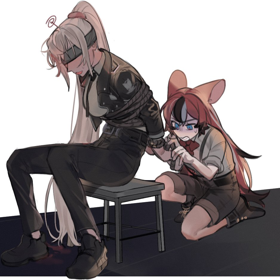 2girls animal_ears belt black_hair black_jacket black_pants blue_blindfold bound bound_wrists breasts brown_footwear brown_shorts collared_shirt eus_ing frown hakos_baelz high_ponytail hololive hololive_english jacket large_breasts long_hair long_sleeves mouse_ears mouse_girl multicolored_hair multiple_girls on_one_knee pants parted_lips red_hair sharp_teeth shirt shoes shorts sidelocks streaked_hair sweatdrop teeth tied_up_(nonsexual) tsukumo_sana turn_pale very_long_hair virtual_youtuber white_hair white_shirt