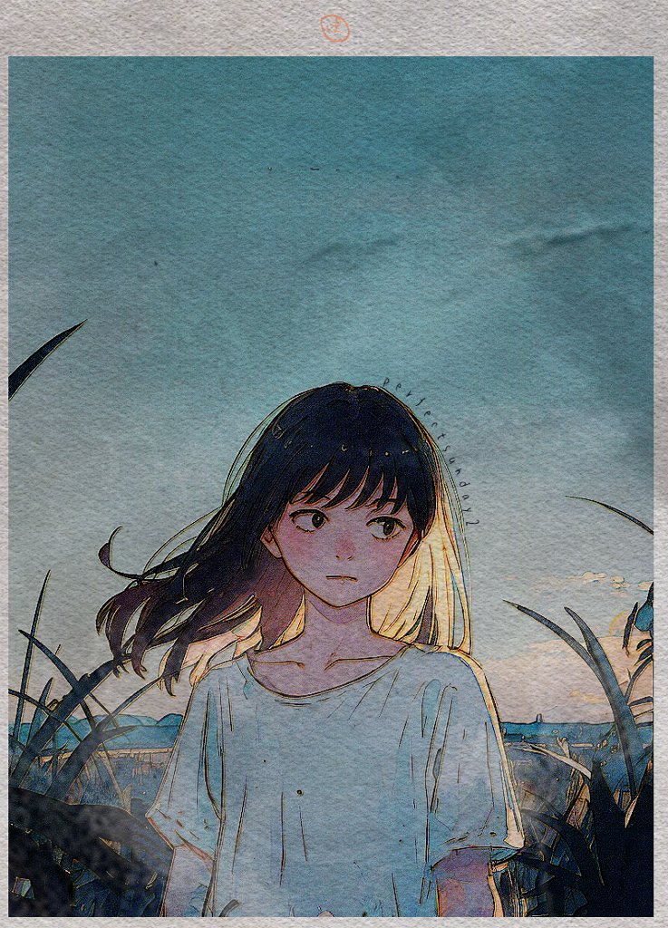 1girl arms_at_sides artist_name backlighting black_eyes black_hair border closed_mouth collarbone dawn floating_hair grass long_hair original outdoors perfectsunday shirt short_sleeves sky solo tall_grass traditional_media upper_body white_border white_shirt