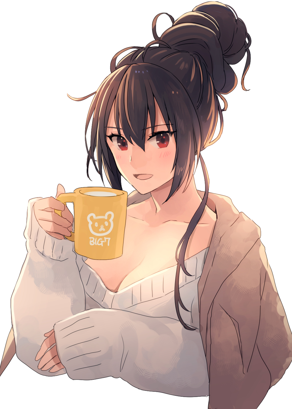 1girl alternate_costume alternate_hairstyle black_hair blush breasts cleavage collarbone cup hair_between_eyes highres holding holding_cup kantai_collection kasumi_(skchkko) large_breasts long_hair long_sleeves milk nagato_(kancolle) open_mouth red_eyes revision simple_background sleeves_past_wrists smile solo upper_body white_background